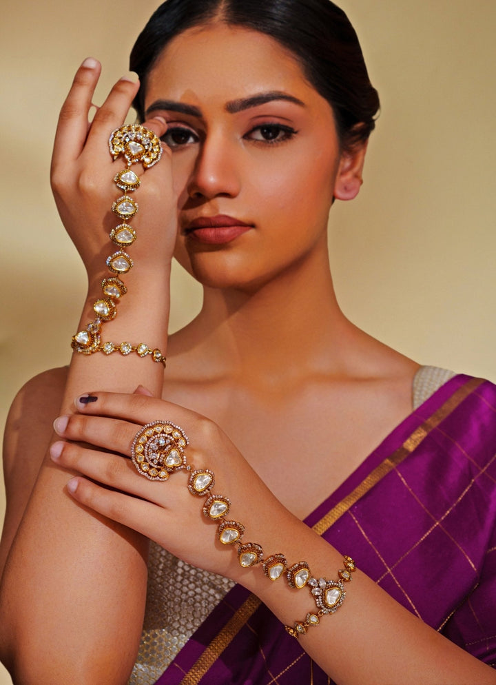 Dual Tone Finish Kundan Polki Hathphool Zevar by Geeta - Fabilicious Fashion