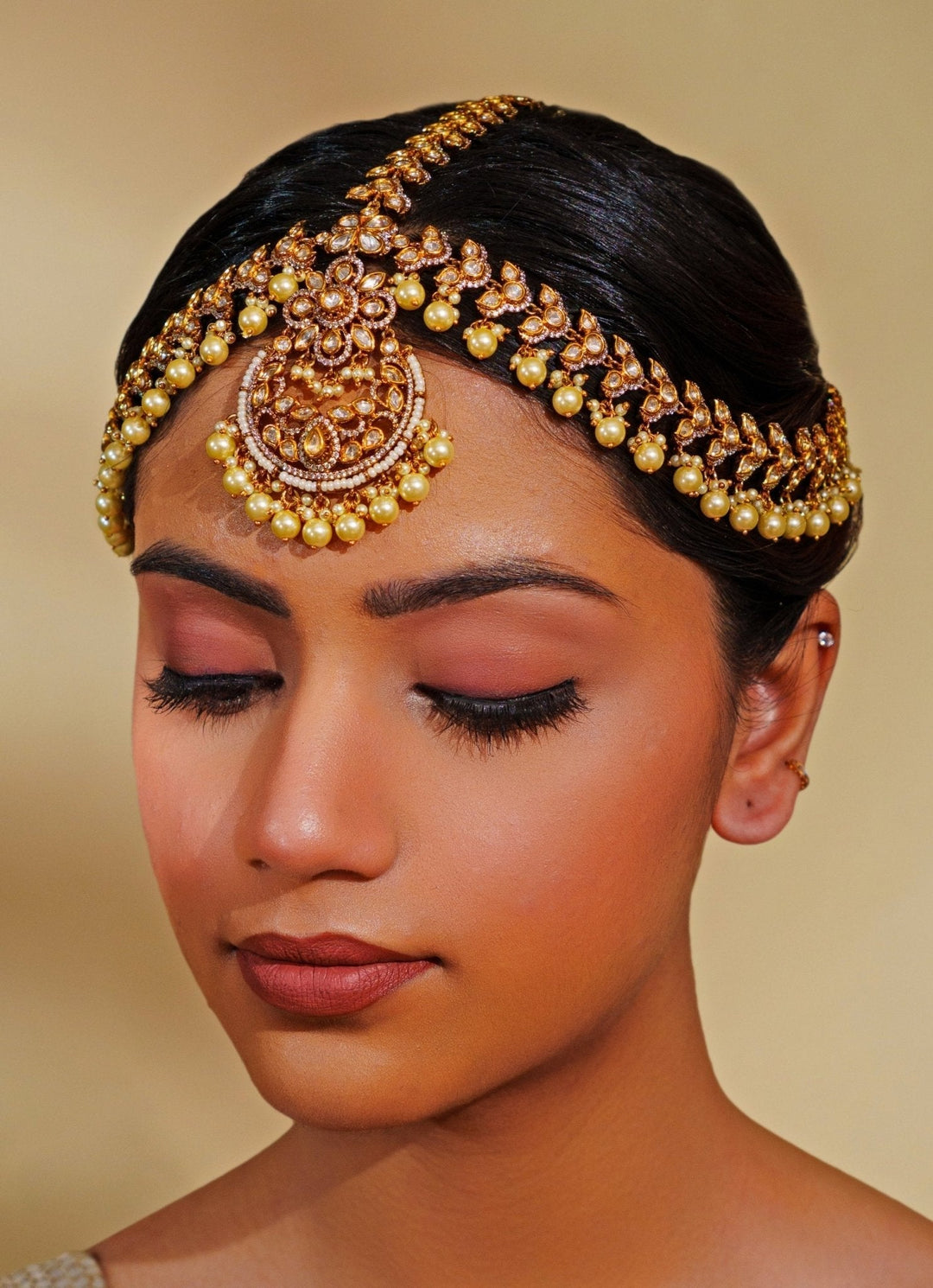 Dual Tone Finish Kundan Polki Matha Patti With Pearl Drops Zevar by Geeta - Fabilicious Fashion