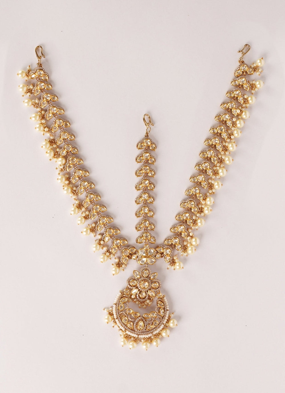 Dual Tone Finish Kundan Polki Matha Patti With Pearl Drops Zevar by Geeta - Fabilicious Fashion
