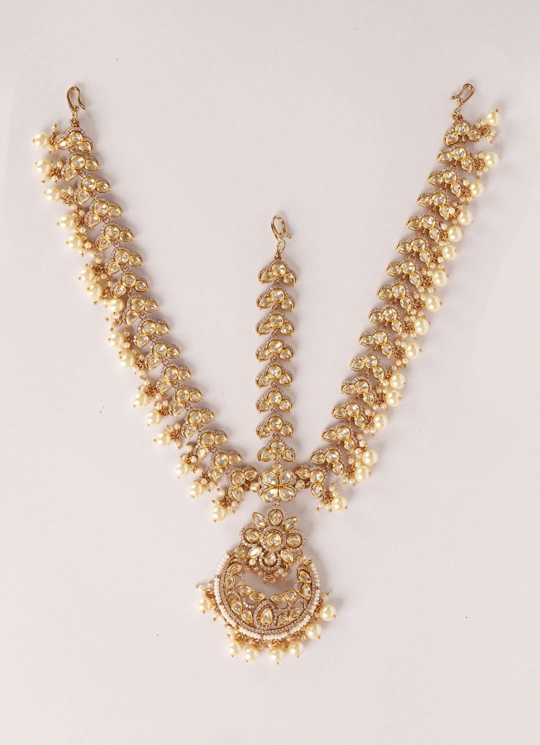 Dual Tone Finish Kundan Polki Matha Patti With Pearl Drops Zevar by Geeta - Fabilicious Fashion