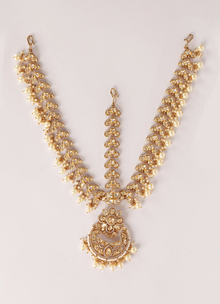 Dual Tone Finish Kundan Polki Matha Patti With Pearl Drops Zevar by Geeta - Fabilicious Fashion