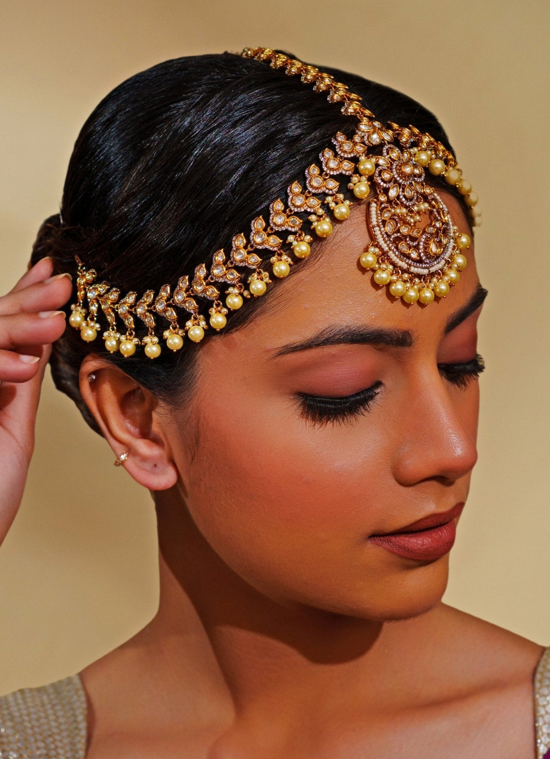 Dual Tone Finish Kundan Polki Matha Patti With Pearl Drops Zevar by Geeta - Fabilicious Fashion