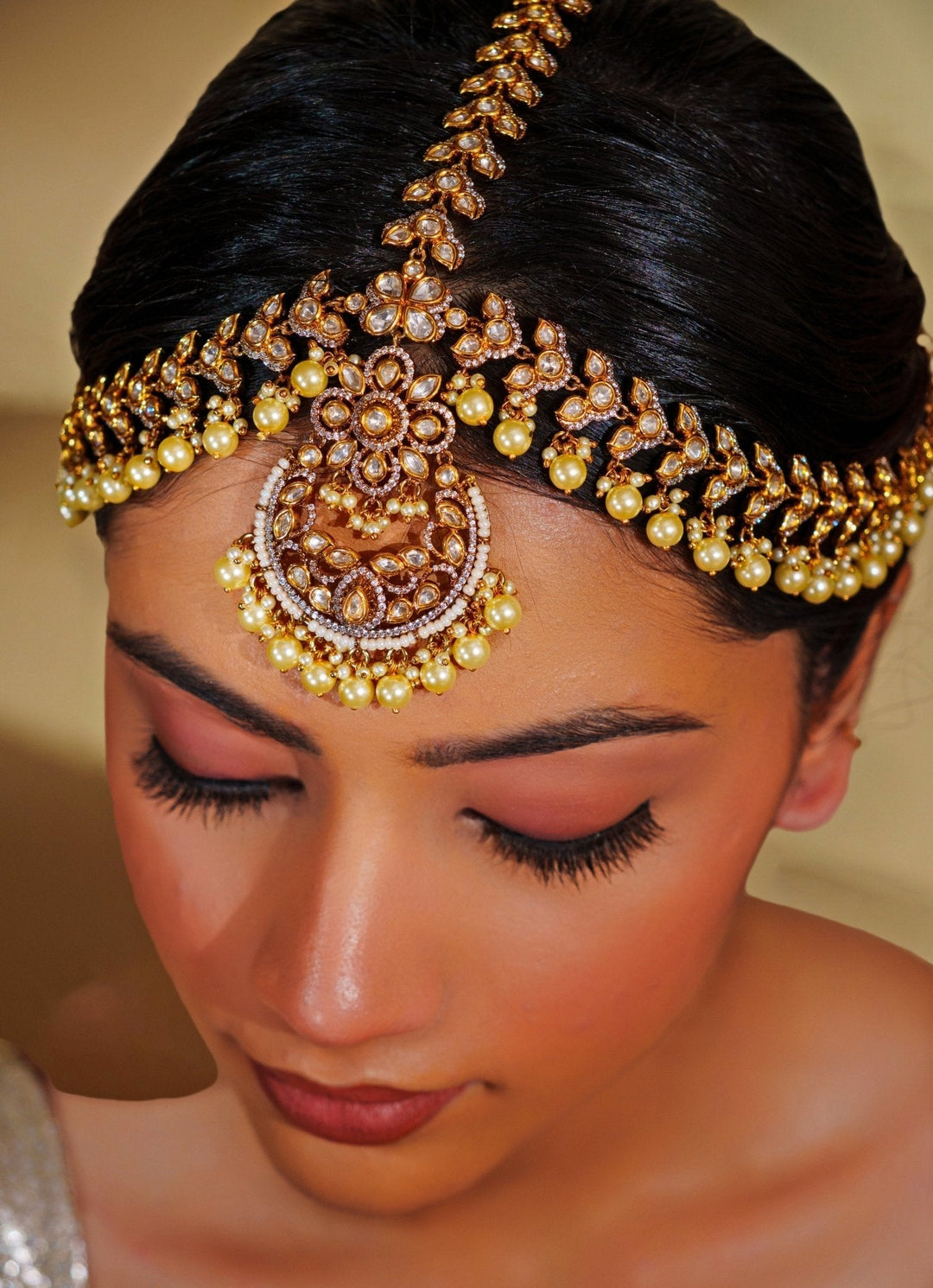 Dual Tone Finish Kundan Polki Matha Patti With Pearl Drops Zevar by Geeta - Fabilicious Fashion