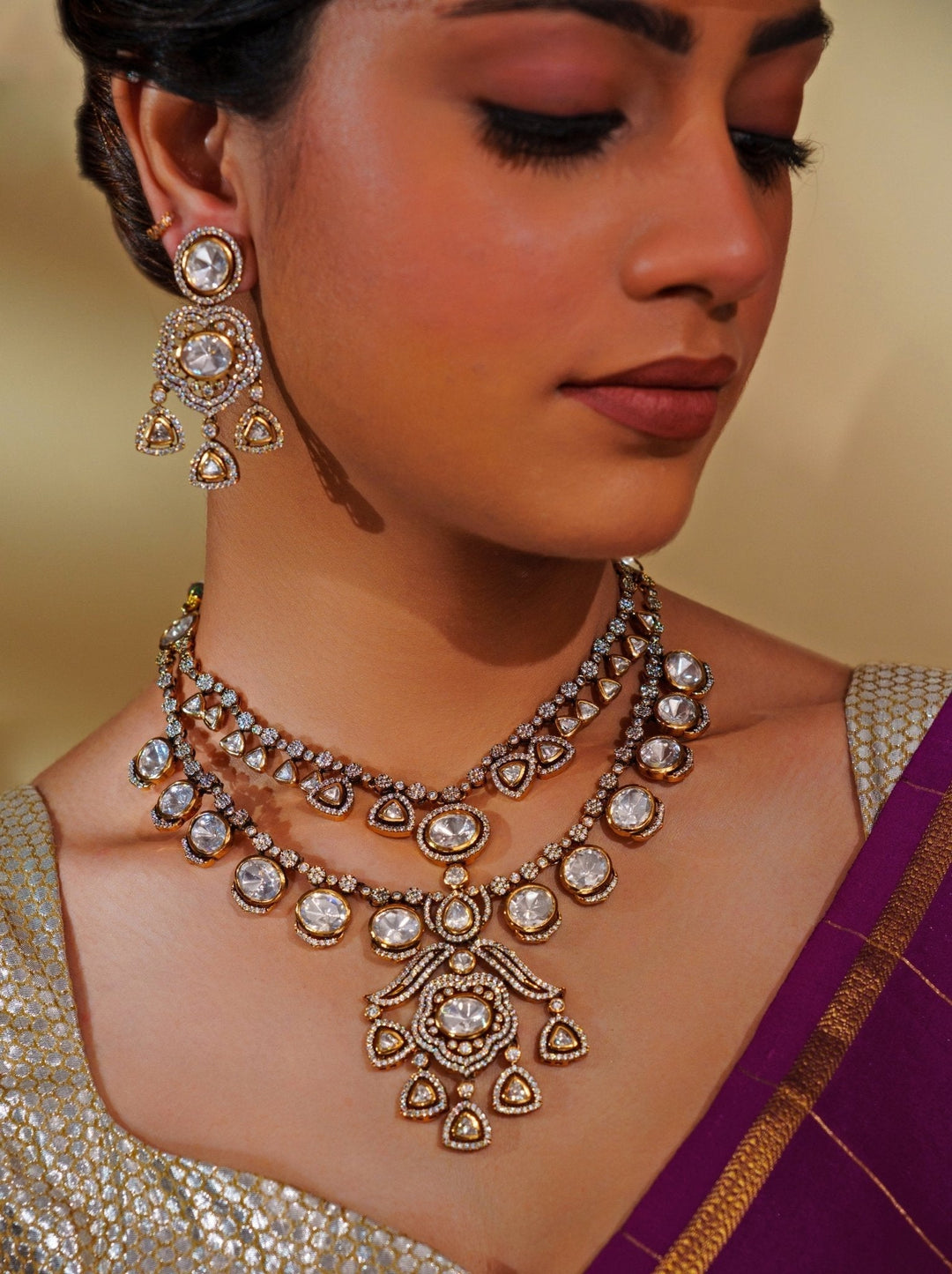 Dual Tone Finish Layered Kundan Pendant Necklace Set Zevar by Geeta - Fabilicious Fashion