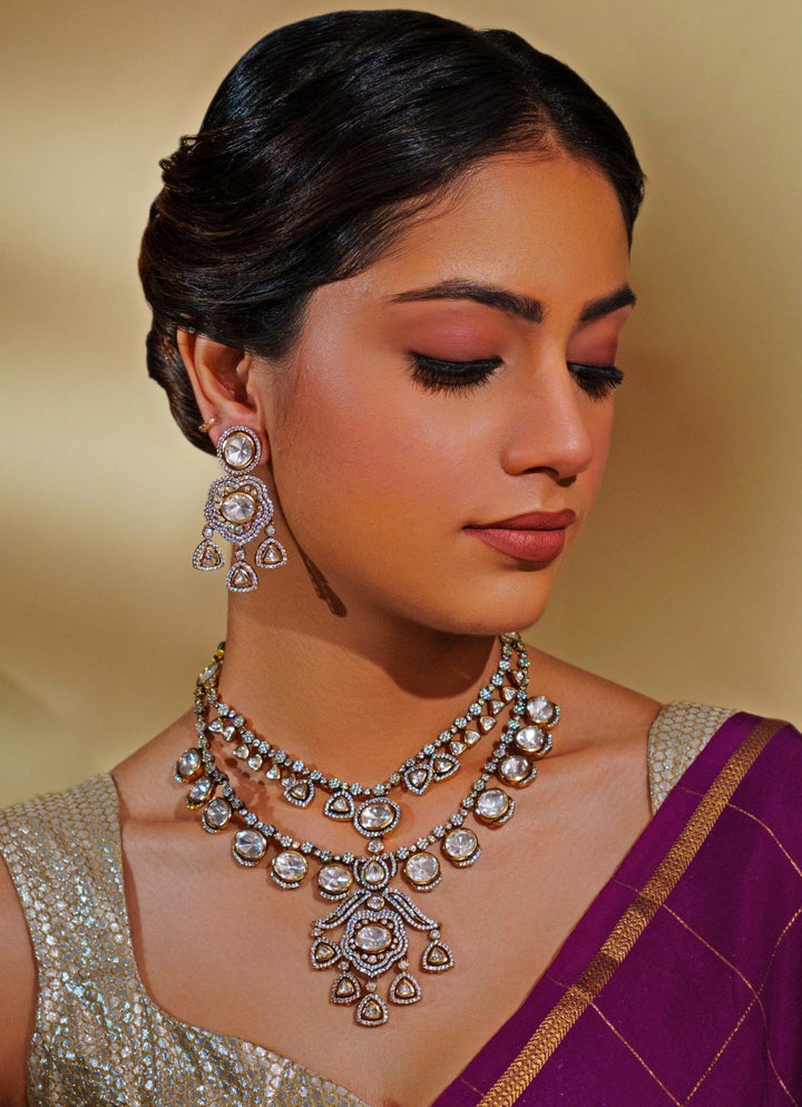 Dual Tone Finish Layered Kundan Pendant Necklace Set Zevar by Geeta - Fabilicious Fashion