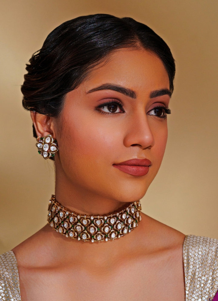 Dual Tone Finish Moissanite And Green Stone Choker Set Zevar by Geeta - Fabilicious Fashion
