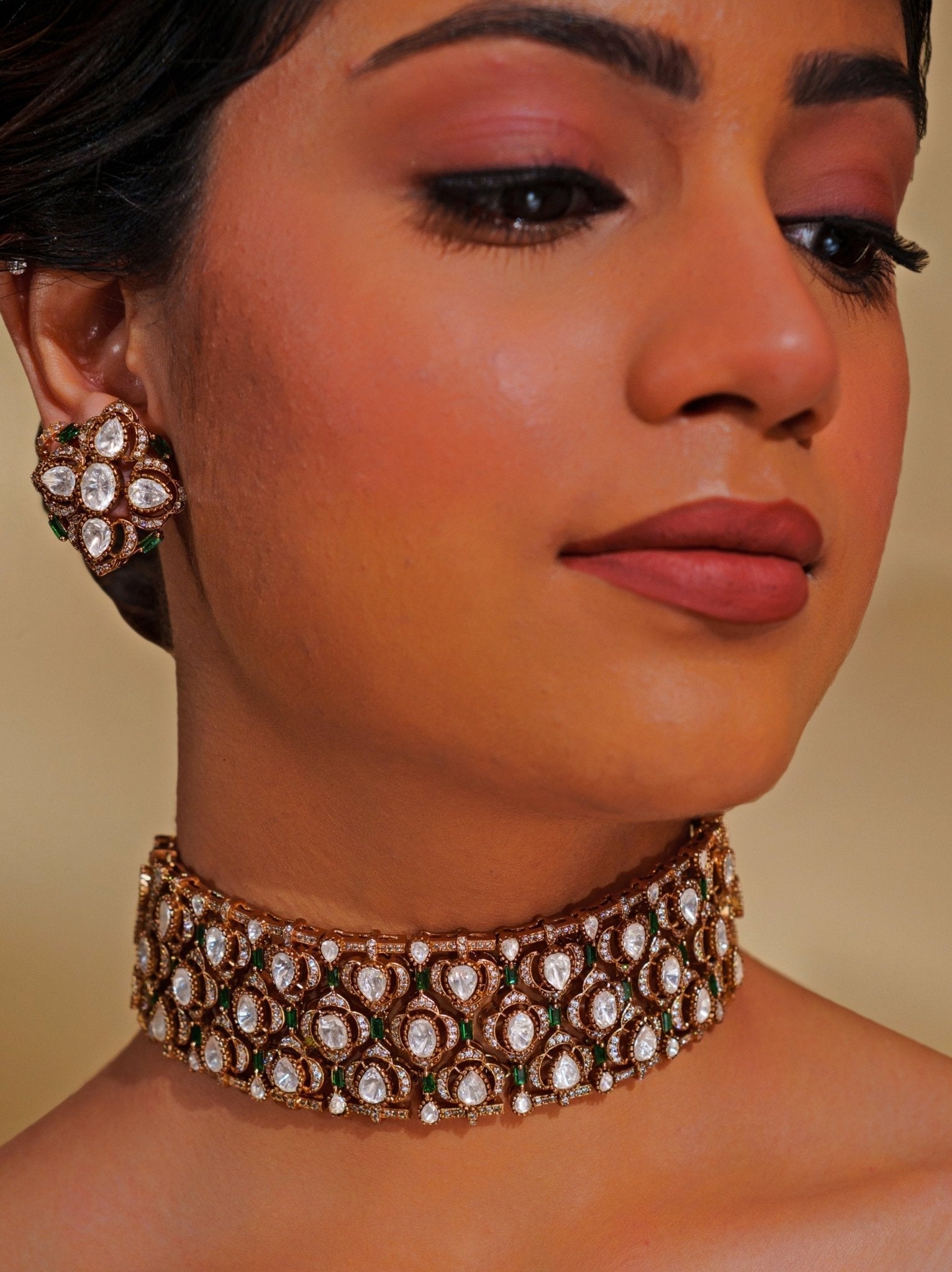 Dual Tone Finish Moissanite And Green Stone Choker Set