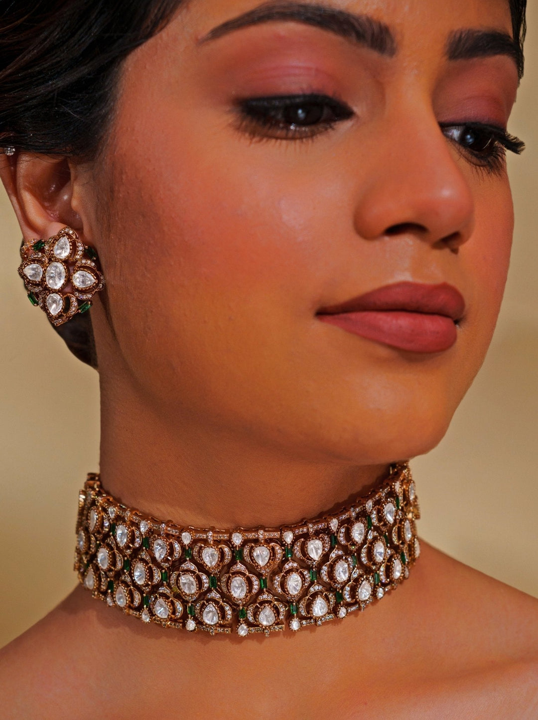 Dual Tone Finish Moissanite And Green Stone Choker Set Zevar by Geeta - Fabilicious Fashion