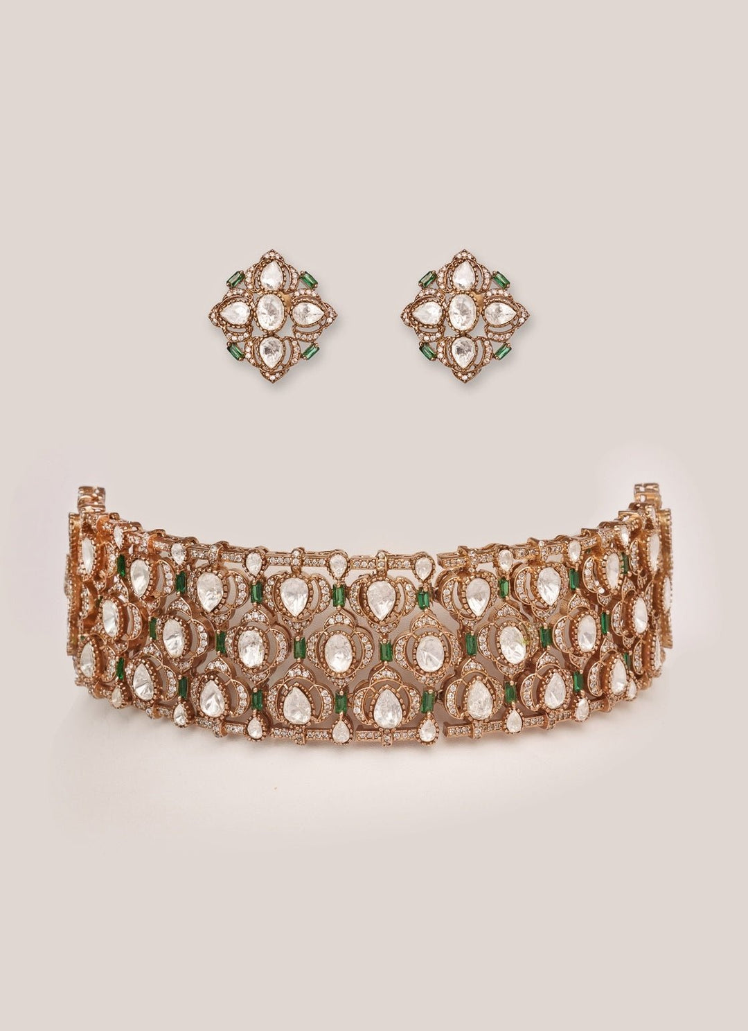 Dual Tone Finish Moissanite And Green Stone Choker Set Zevar by Geeta - Fabilicious Fashion
