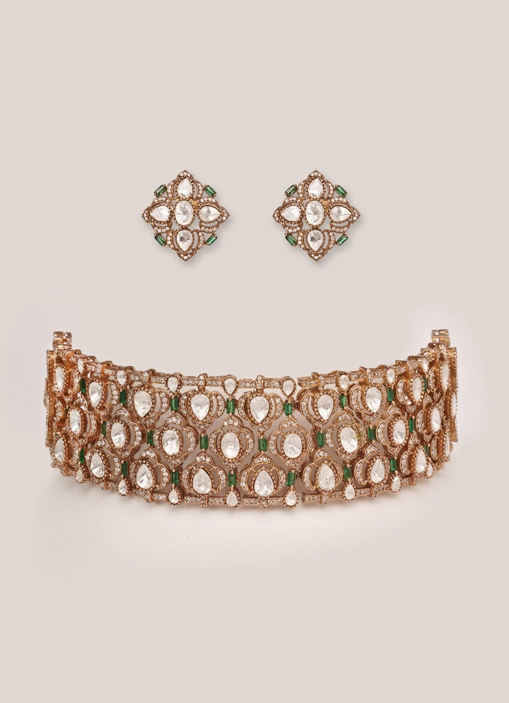 Dual Tone Finish Moissanite And Green Stone Choker Set Zevar by Geeta - Fabilicious Fashion