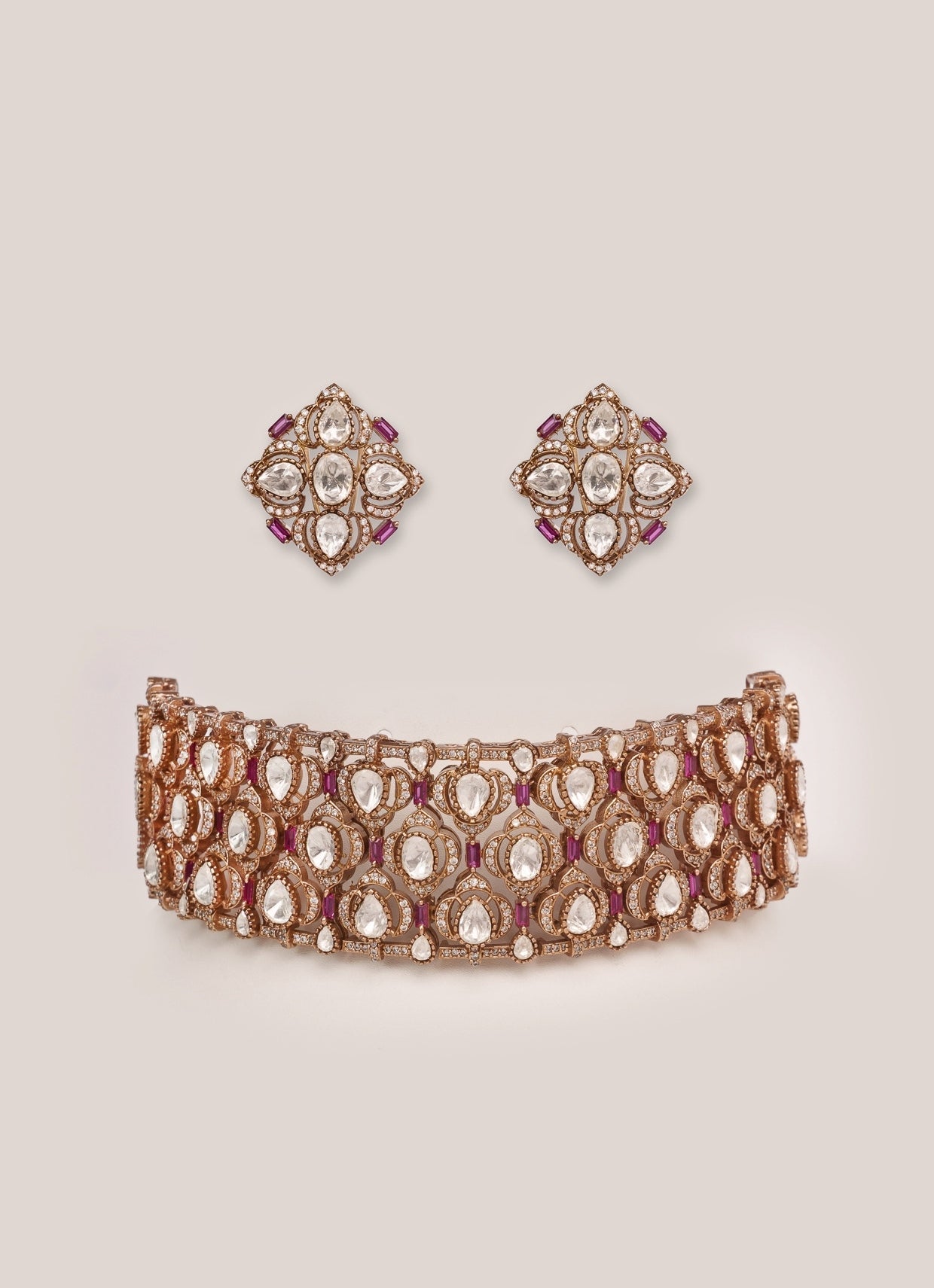 Dual Tone Finish Moissanite And Red Stone Choker Set