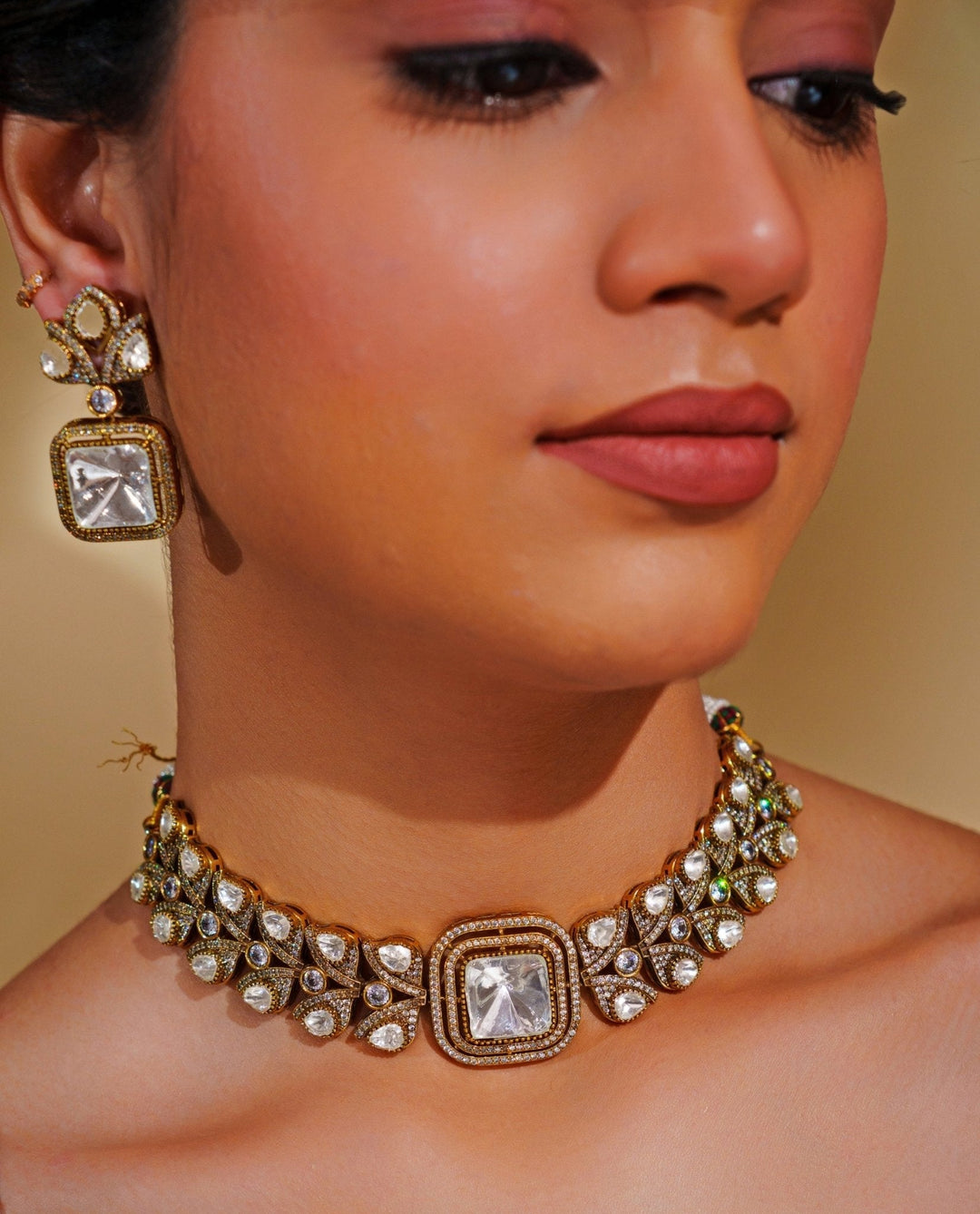 Dual - Tone Finish Moissanite Choker Necklace Set Zevar by Geeta - Fabilicious Fashion