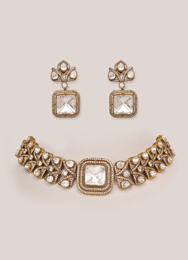 Dual - Tone Finish Moissanite Choker Necklace Set Zevar by Geeta - Fabilicious Fashion