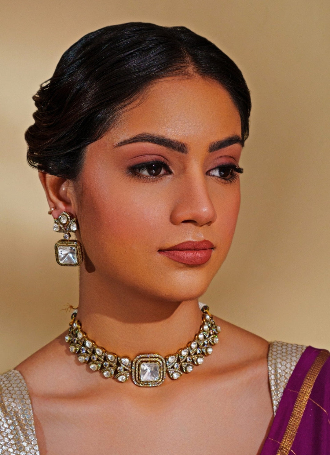 Dual - Tone Finish Moissanite Choker Necklace Set Zevar by Geeta - Fabilicious Fashion