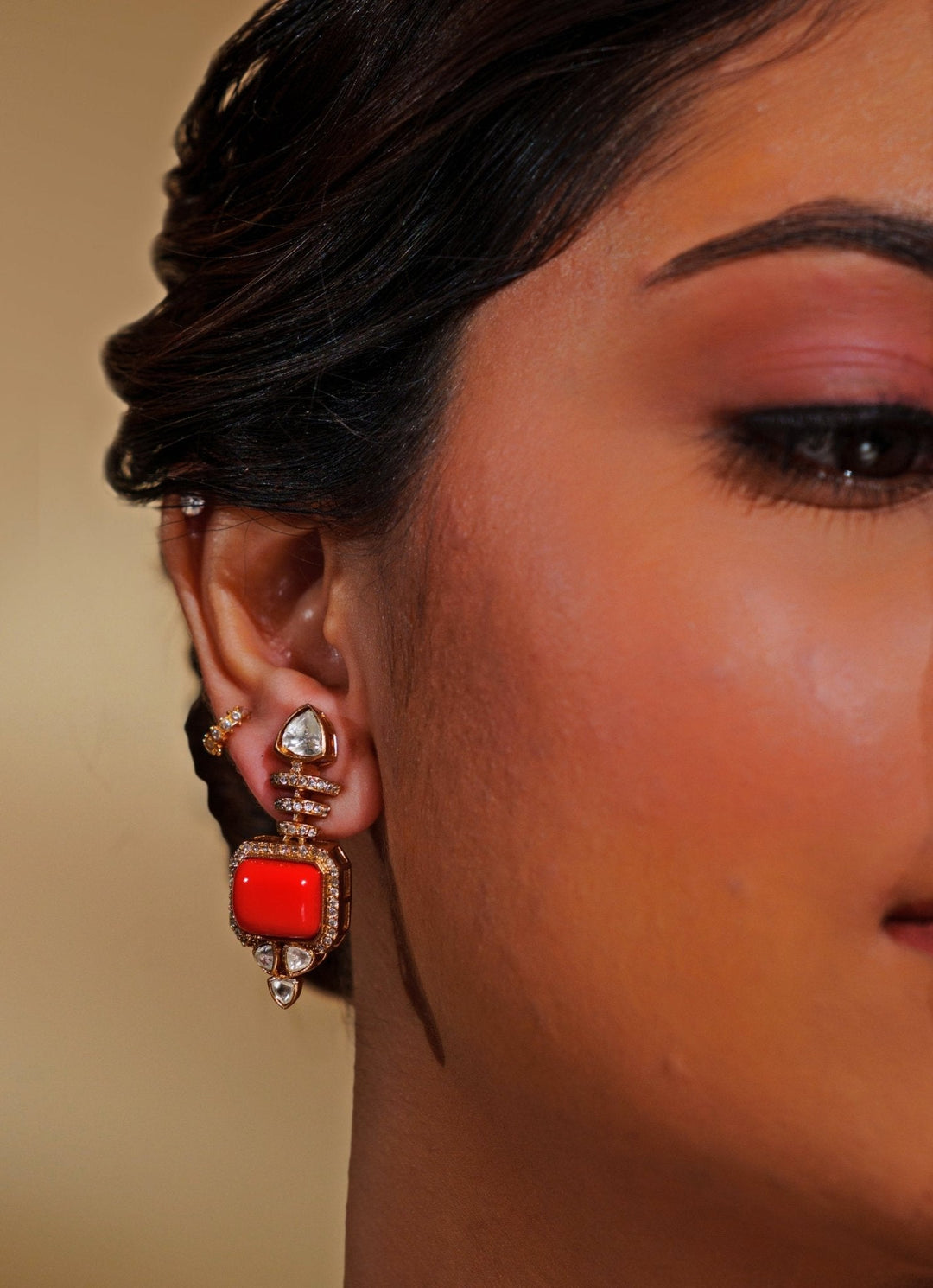 Dual - Tone Finish Orange Enamel Stone Necklace Set Zevar by Geeta - Fabilicious Fashion