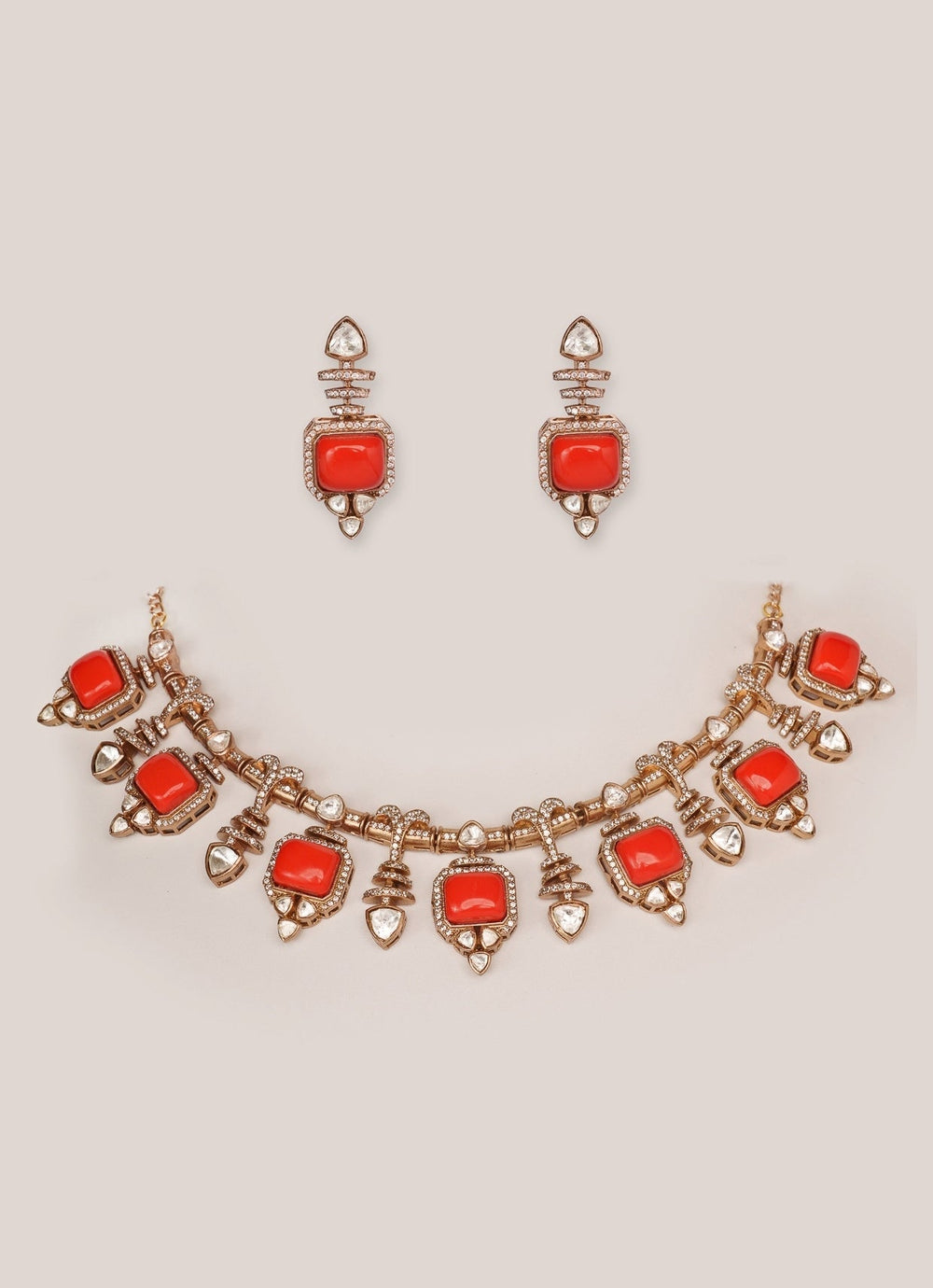 Dual - Tone Finish Orange Enamel Stone Necklace Set Zevar by Geeta - Fabilicious Fashion