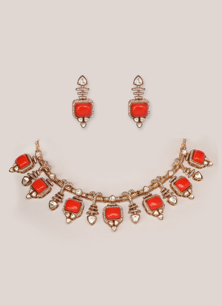 Dual - Tone Finish Orange Enamel Stone Necklace Set Zevar by Geeta - Fabilicious Fashion