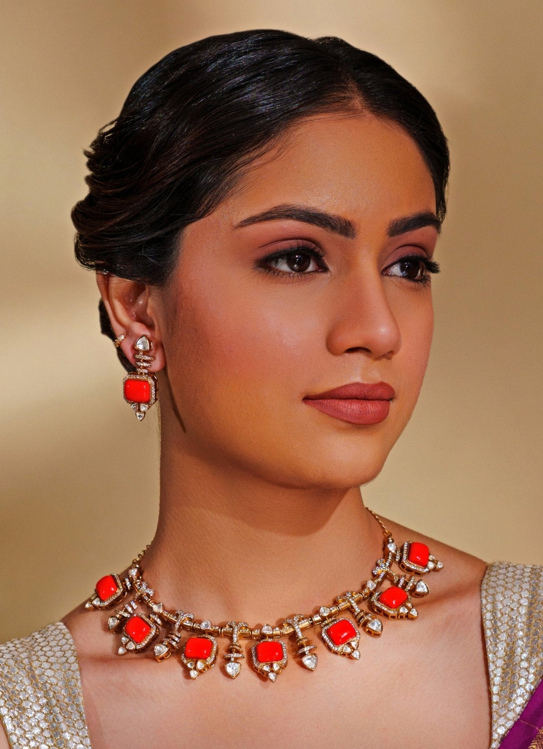 Dual - Tone Finish Orange Enamel Stone Necklace Set Zevar by Geeta - Fabilicious Fashion