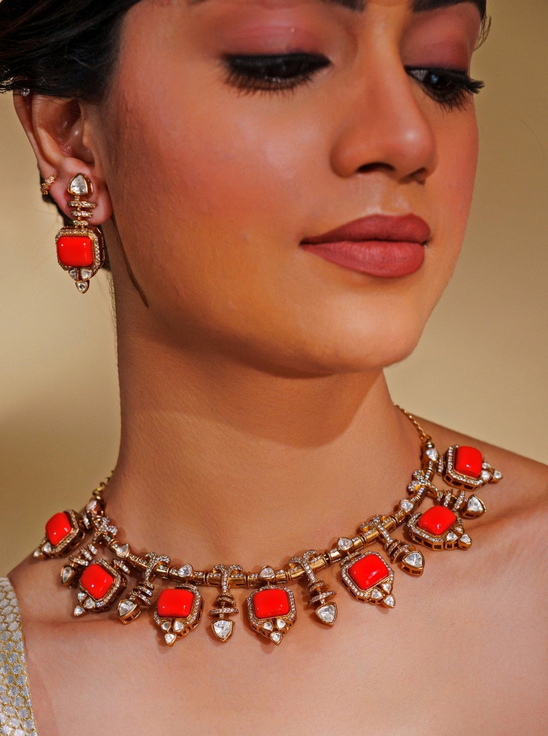 Dual - Tone Finish Orange Enamel Stone Necklace Set Zevar by Geeta - Fabilicious Fashion