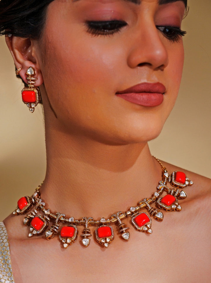 Dual - Tone Finish Orange Enamel Stone Necklace Set Zevar by Geeta - Fabilicious Fashion