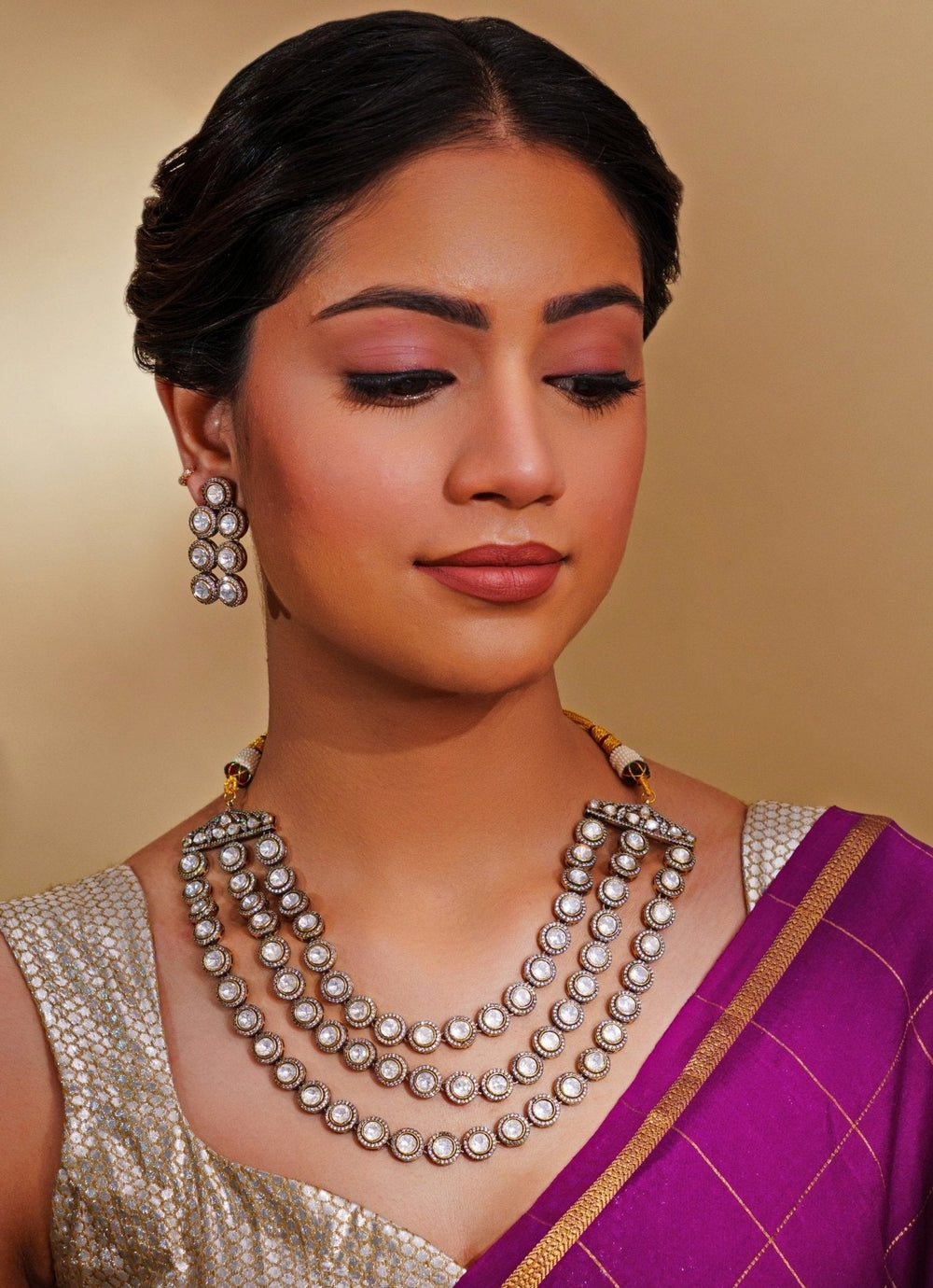 Dual Tone Finish Three Layered Kundan Necklace Set Zevar by Geeta - Fabilicious Fashion