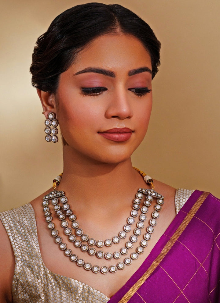 Dual Tone Finish Three Layered Kundan Necklace Set Zevar by Geeta - Fabilicious Fashion