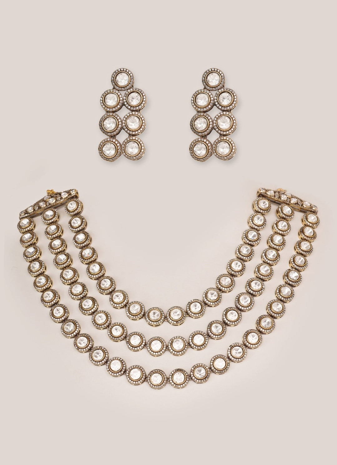 Dual Tone Finish Three Layered Kundan Necklace Set Zevar by Geeta - Fabilicious Fashion