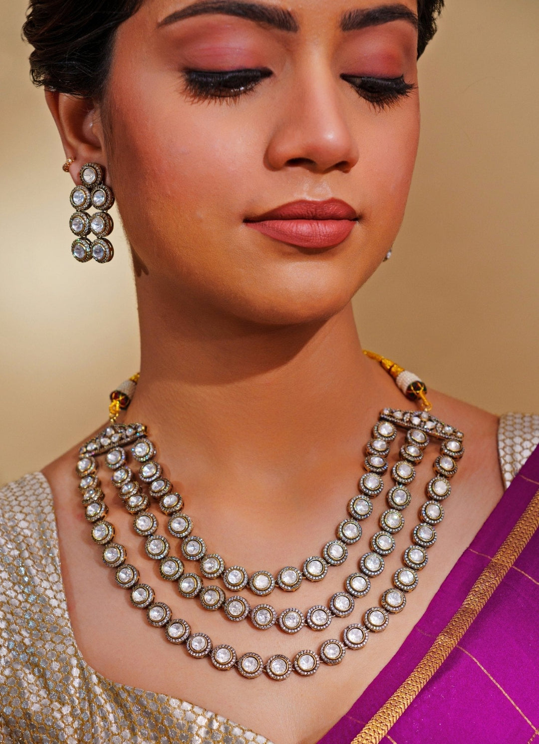 Dual Tone Finish Three Layered Kundan Necklace Set Zevar by Geeta - Fabilicious Fashion
