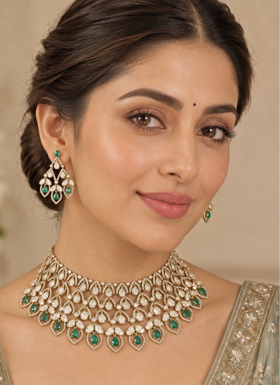 Zevar by Geeta Dual Tone Green Polki Bridal Necklace SetFabilicious Fashion