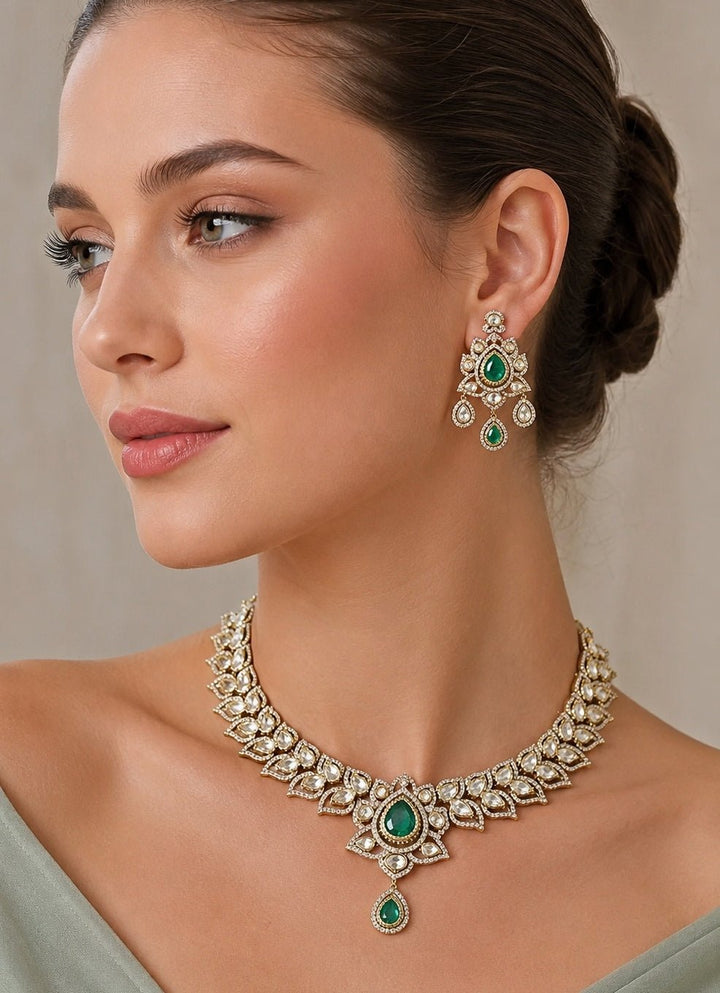 Zevar by Geeta Dual Tone Green Polki Necklace SetFabilicious Fashion