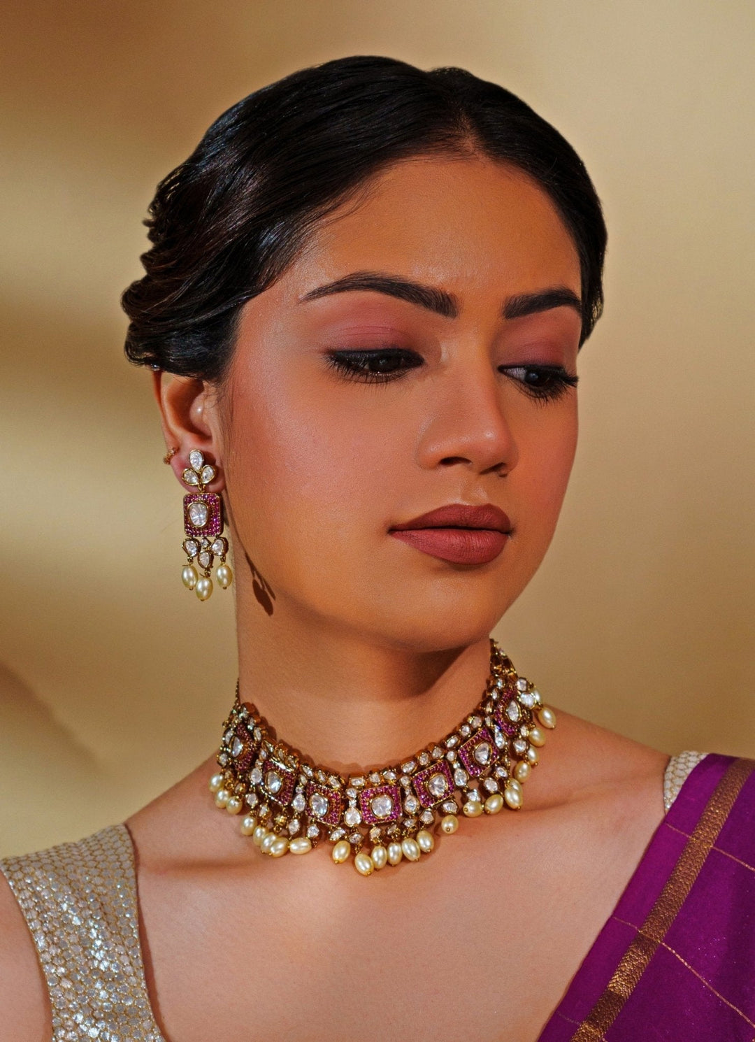 Dual - Tone Kundan And Pink Stone Necklace Set With Pearls Zevar by Geeta - Fabilicious Fashion