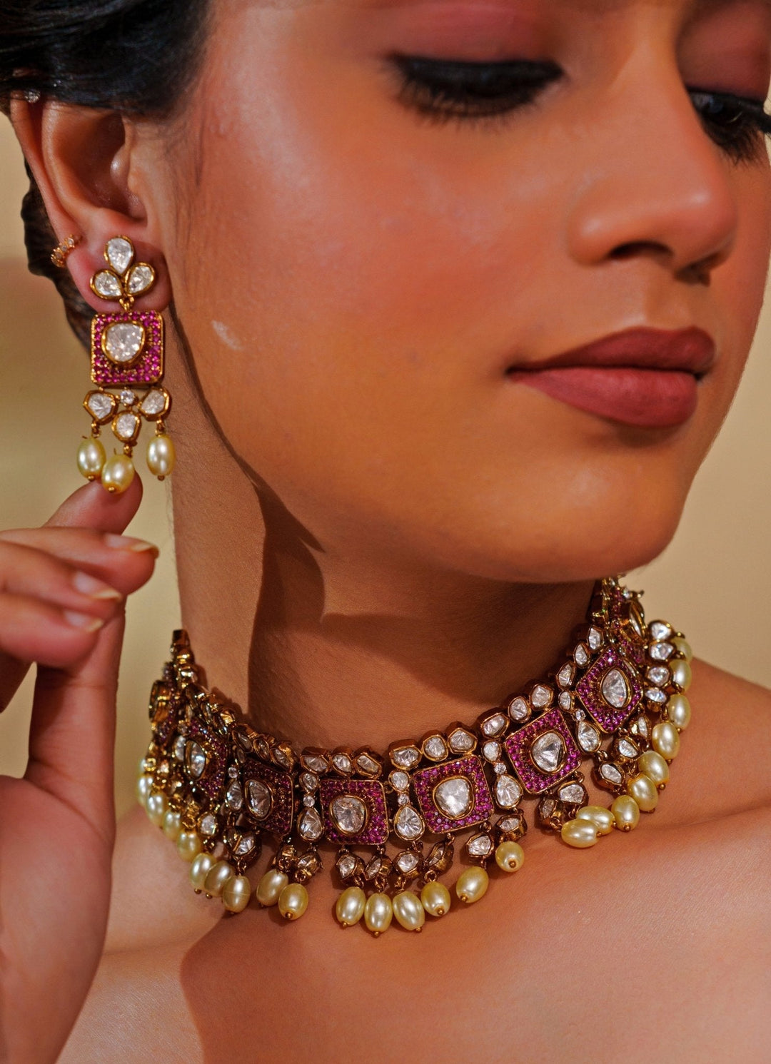 Dual - Tone Kundan And Pink Stone Necklace Set With Pearls Zevar by Geeta - Fabilicious Fashion