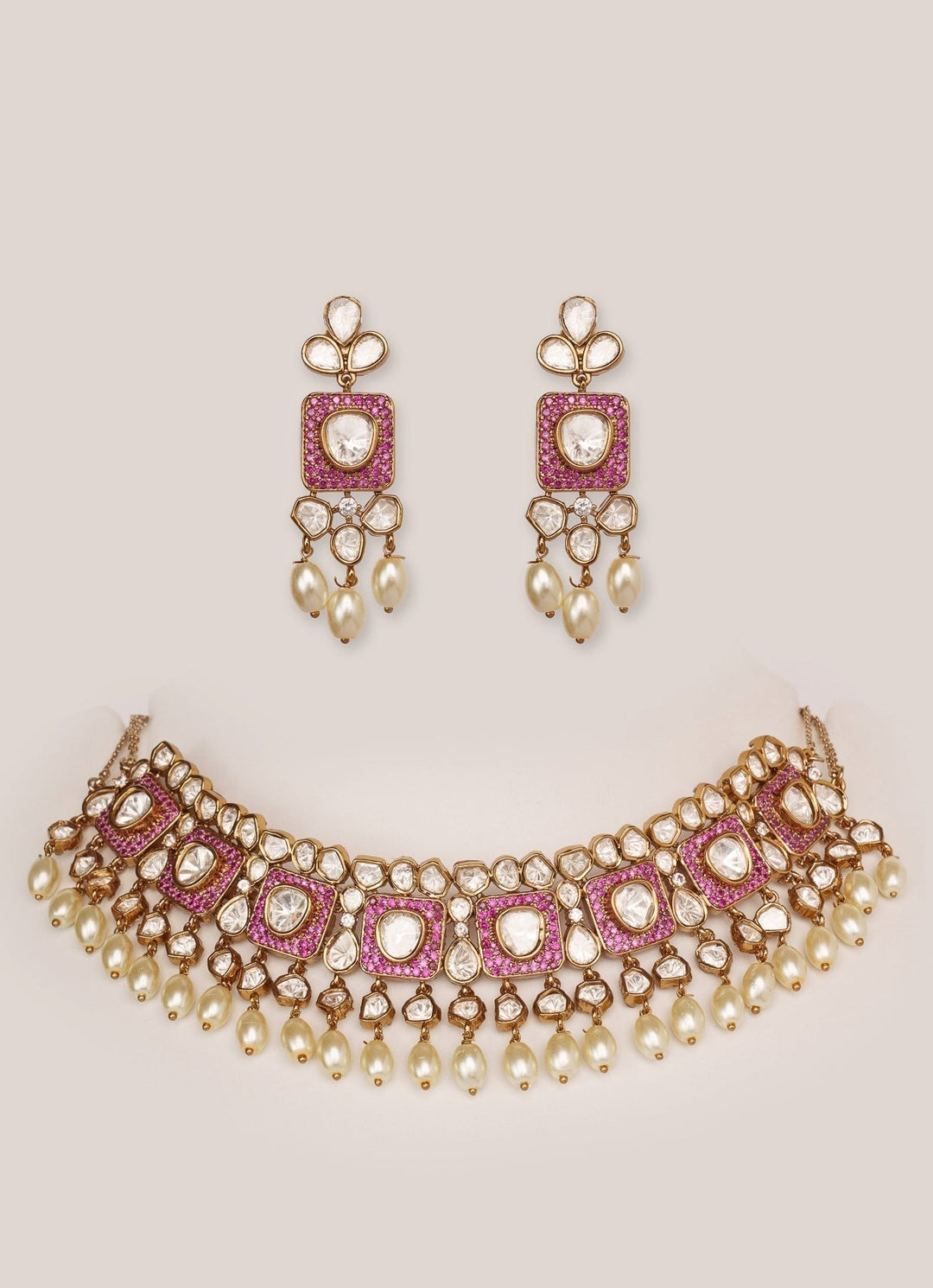 Dual - Tone Kundan And Pink Stone Necklace Set With Pearls Zevar by Geeta - Fabilicious Fashion
