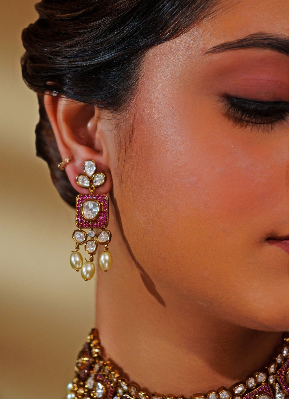 Dual - Tone Kundan And Pink Stone Necklace Set With Pearls Zevar by Geeta - Fabilicious Fashion