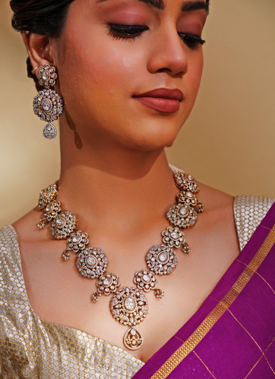 Dual Tone Kundan Long Necklace Set Zevar by Geeta - Fabilicious Fashion