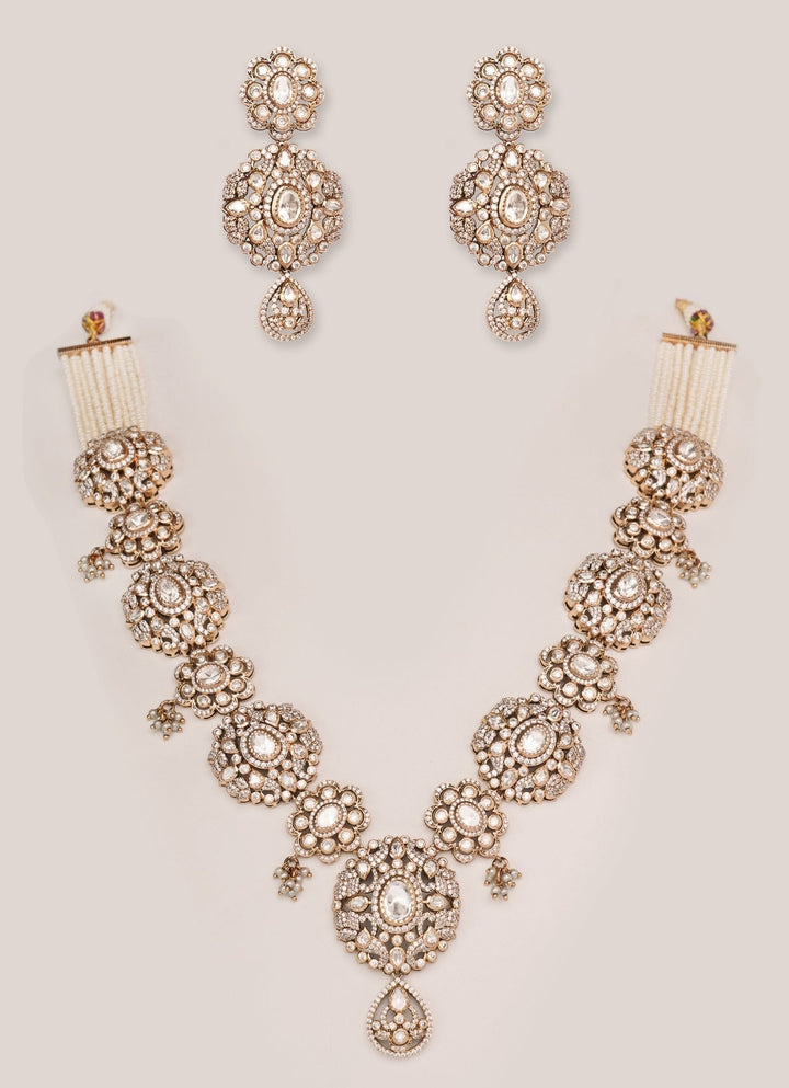 Dual Tone Kundan Long Necklace Set Zevar by Geeta - Fabilicious Fashion
