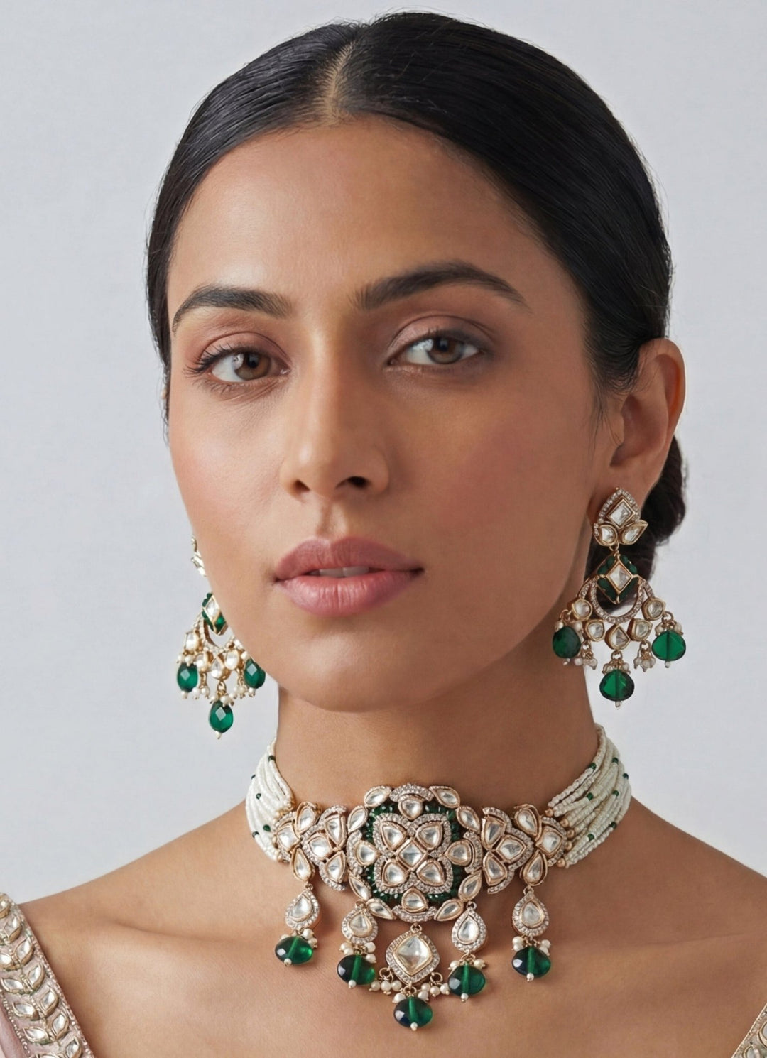 Dual Tone Pearl And Green Stone Choker Set Zevar by Geeta - Fabilicious Fashion