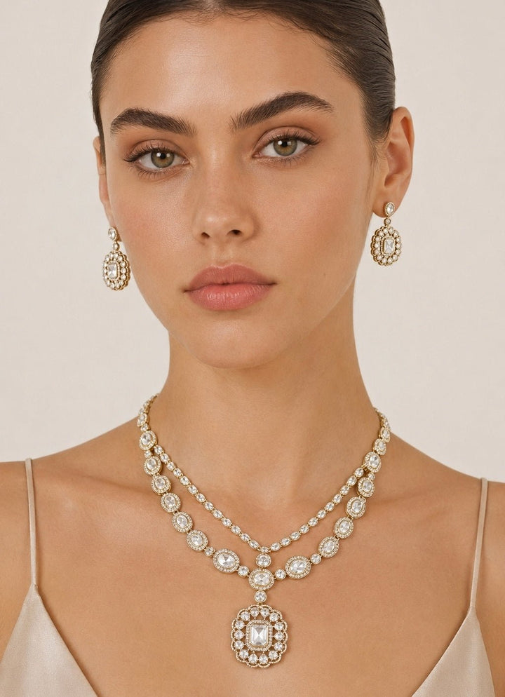 Zevar by Geeta Dual Tone Polki Pendant Necklace SetFabilicious Fashion
