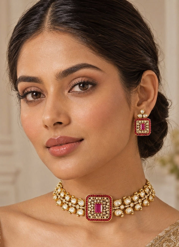 Zevar by Geeta Dual Tone Red Stone Polki Choker SetFabilicious Fashion