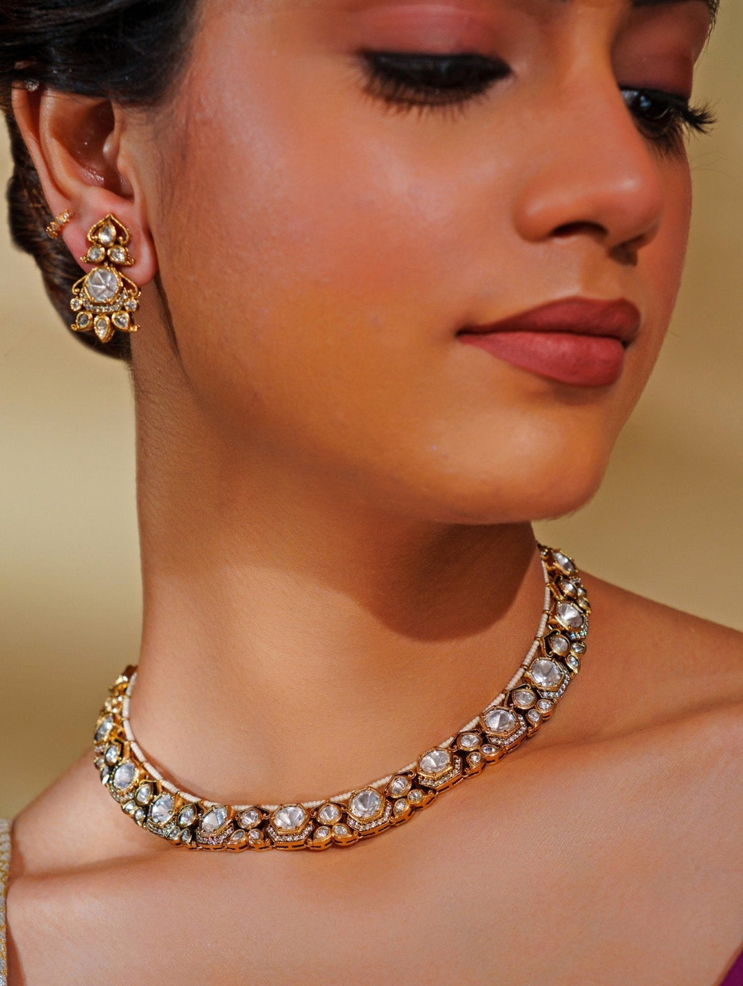 Dualtone Finish Kundan Polki Necklace Set Zevar by Geeta - Fabilicious Fashion
