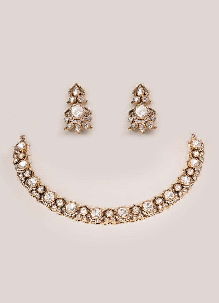 Dualtone Finish Kundan Polki Necklace Set Zevar by Geeta - Fabilicious Fashion
