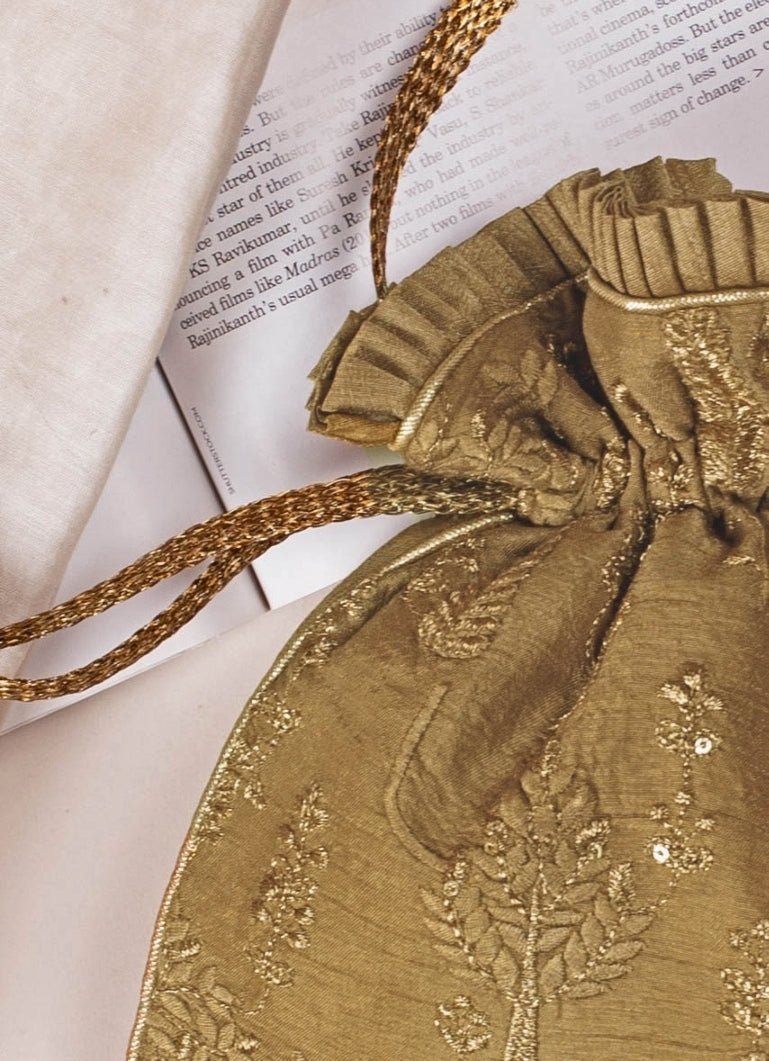 Dull Gold Embroidered Potli AMYRA - Fabilicious Fashion