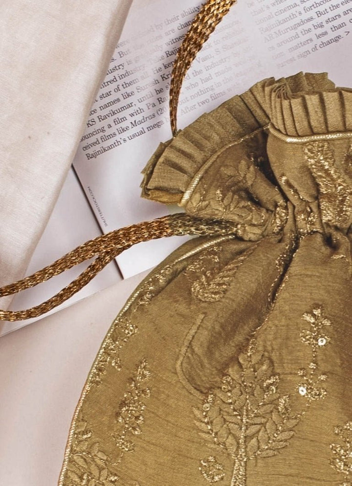 Dull Gold Embroidered Potli AMYRA - Fabilicious Fashion