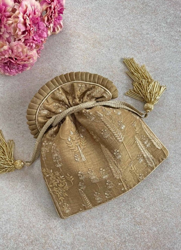 Dull Gold Embroidered Potli AMYRA - Fabilicious Fashion