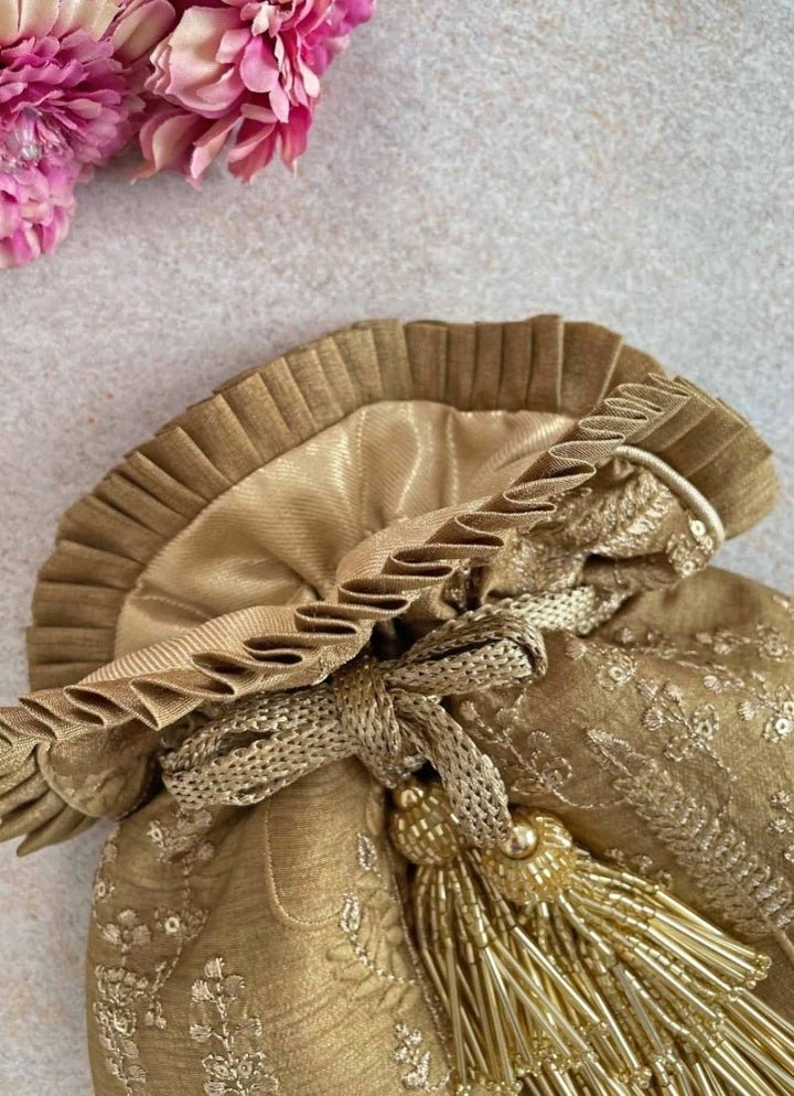 Dull Gold Embroidered Potli AMYRA - Fabilicious Fashion