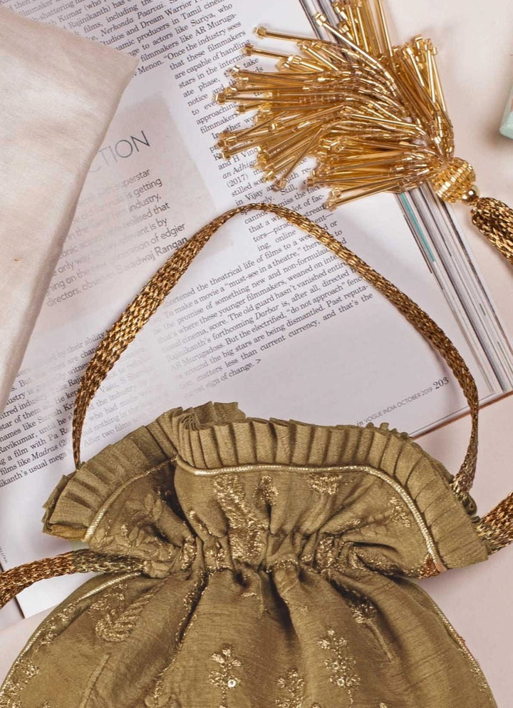 Dull Gold Embroidered Potli AMYRA - Fabilicious Fashion