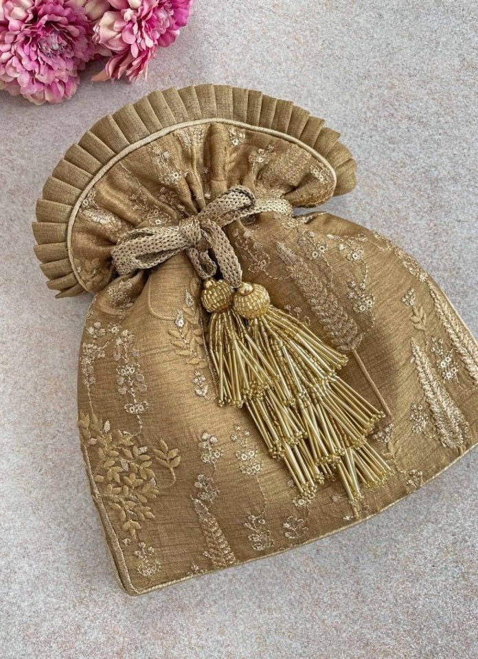 Dull Gold Embroidered Potli AMYRA - Fabilicious Fashion