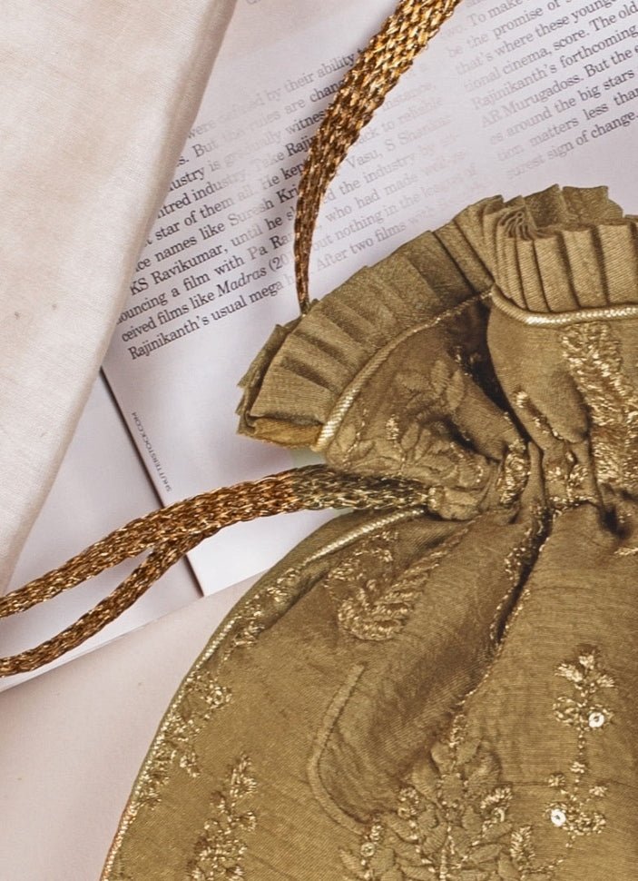 Dull Gold Embroidered Potli AMYRA - Fabilicious Fashion