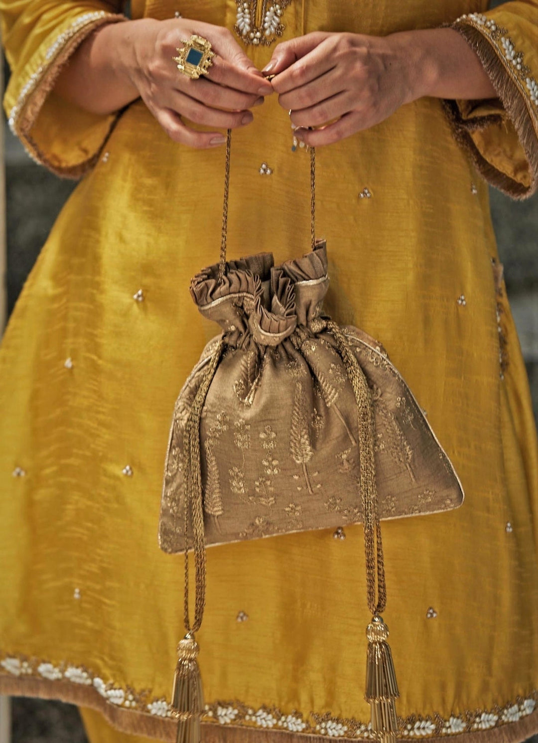 Dull Gold Embroidered Potli AMYRA - Fabilicious Fashion