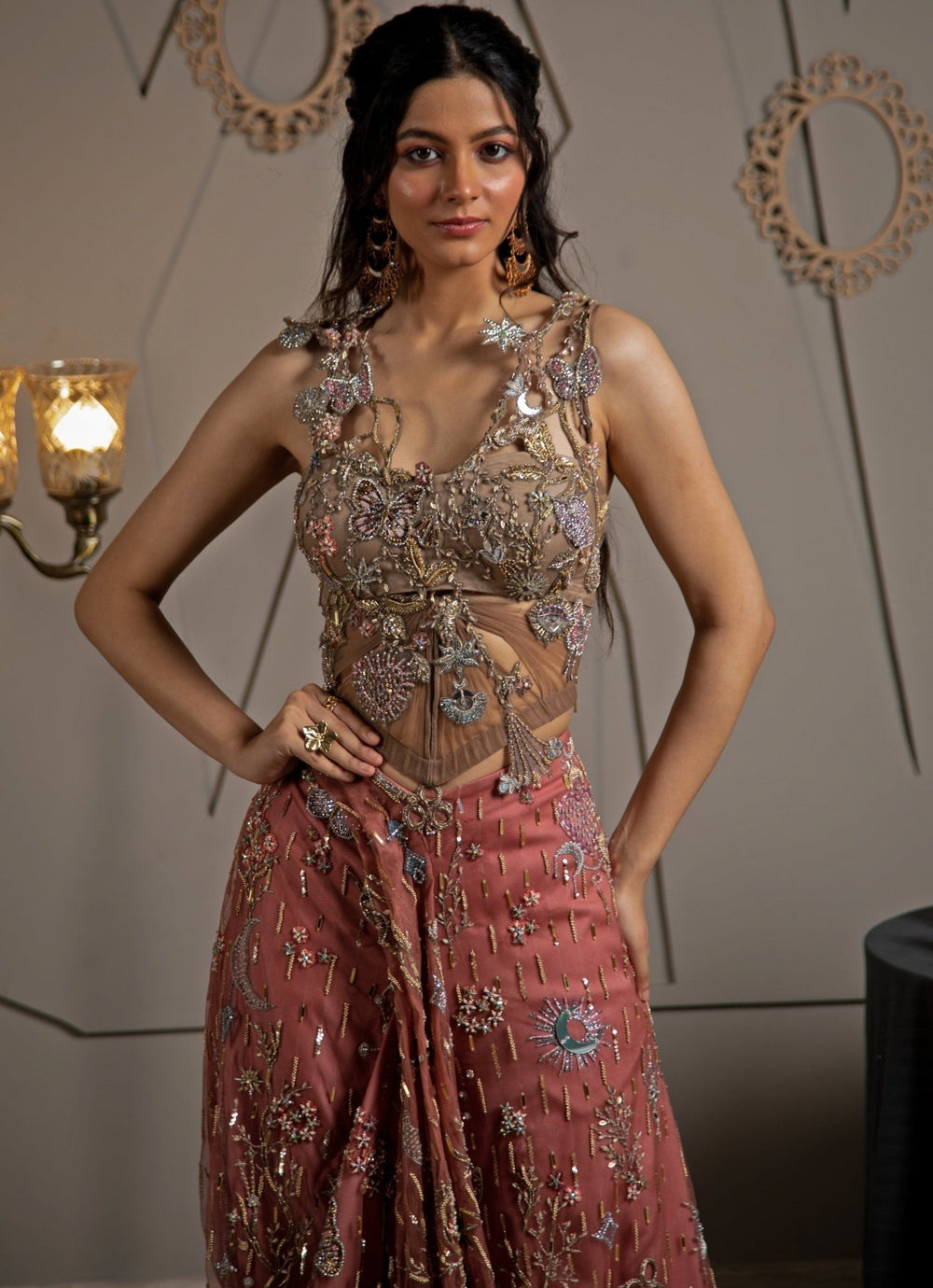 Dusky Pink Embroidered Coord Set With Corset Moledro - Fabilicious Fashion